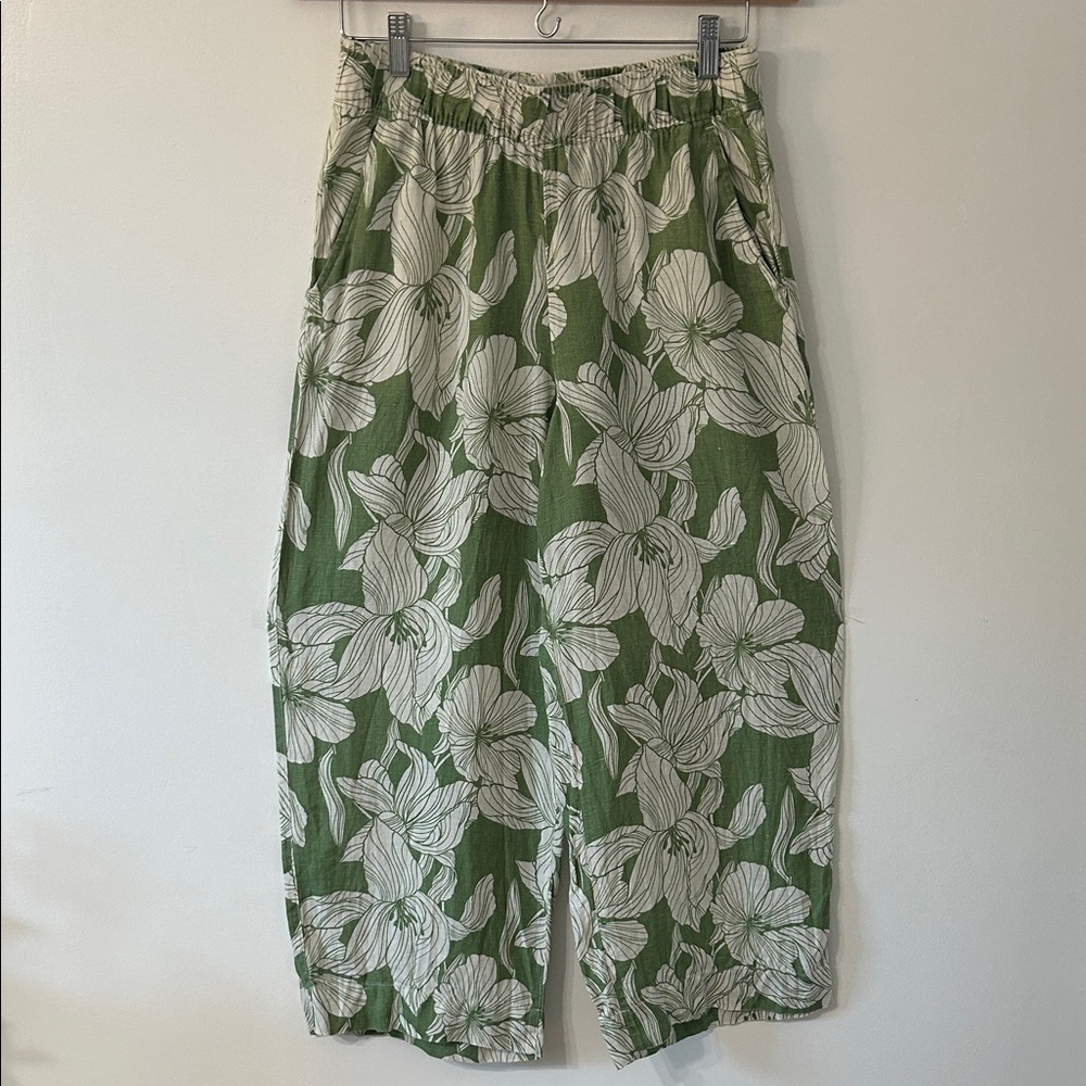 Tahari Pants Women’s M Green/White Floral Wide Leg Linen Casual